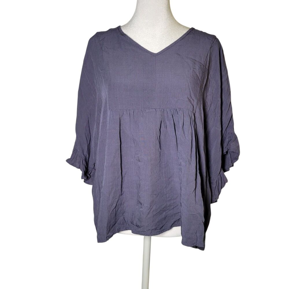 Boho Babydoll Top SM Flutter Sleeve Slate Gray Coastal Cottagecore Coquette
